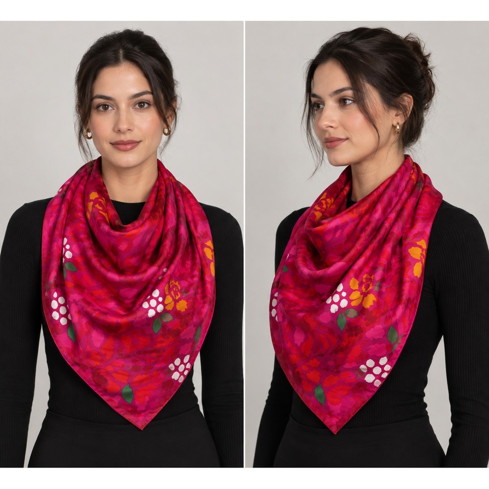 VTG Liz Claiborne Silk Scarf NWT Fuchsia Pink Orange Floral Japan Jacquard 30x30